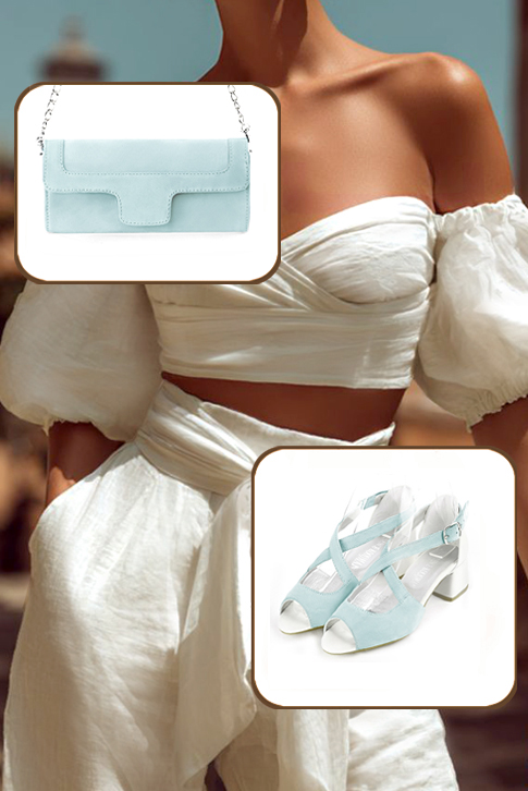 Women's aquamarine blue and off white elegant sandals closed at the back with crossed straps. Round toe. Low flare heels - Top view